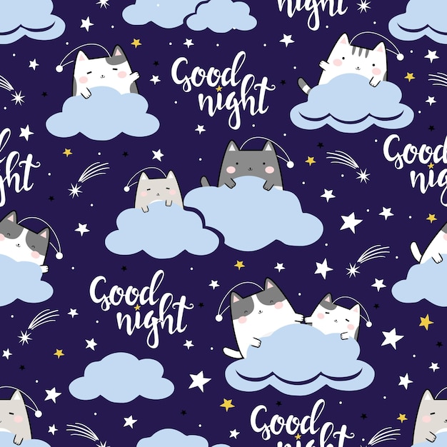 Patrón sin costuras kawaii gatos lindos durmiendo dibujos animados animales fondo vector ilustración buena ni