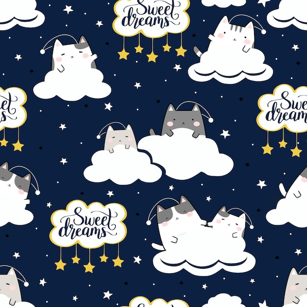 Patrón sin costuras Kawaii Gatos lindos durmiendo Dibujos animados Animales Fondo Vector Ilustración Buena Ni