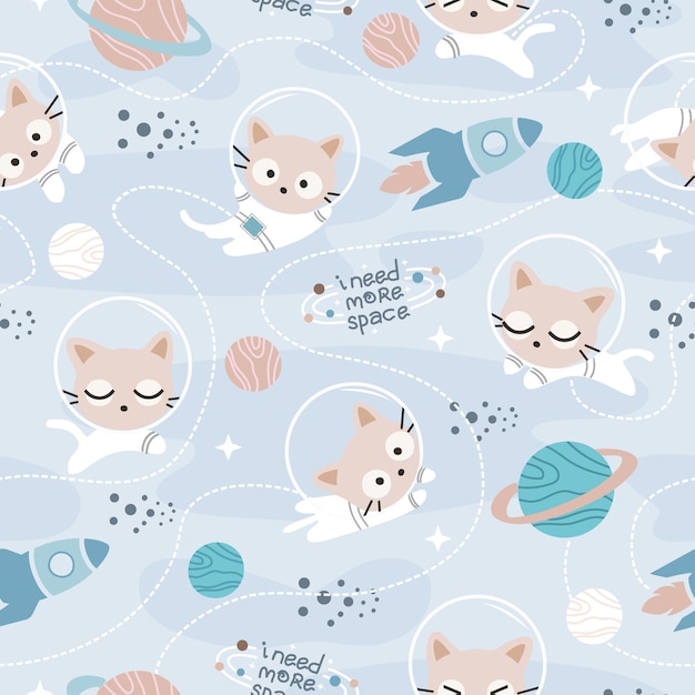 Patrón sin costuras Kawaii Lindo gato astronauta en el espacio Dibujos animados Animales Fondo Vector Ilustración