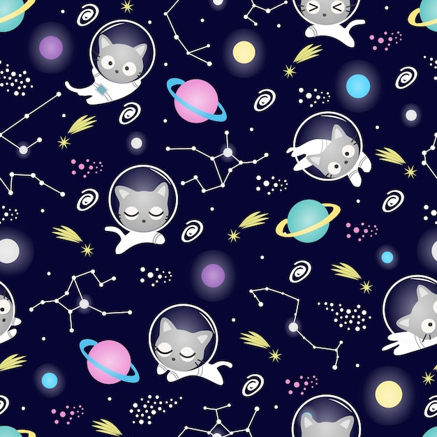 Patrón sin costuras kawaii lindo gato astronauta en el espacio dibujos animados animales fondo vector ilustración