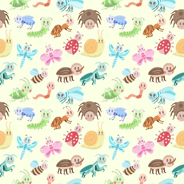 Patrón sin costuras con kawaii lindos insectos diferentes en un fondo claro Ilustración vectorial