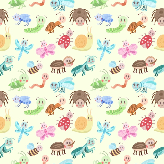 Patrón sin costuras con kawaii lindos insectos diferentes en un fondo claro ilustración vectorial