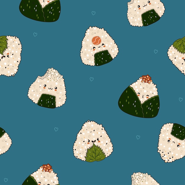 Patrón sin costuras con kawaii onigiri sobre un fondo azul gráficos vectoriales