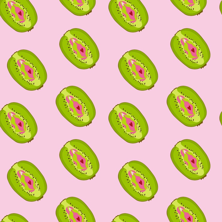 Vector patrón sin costuras con kiwi con contornos labios femeninos vulva