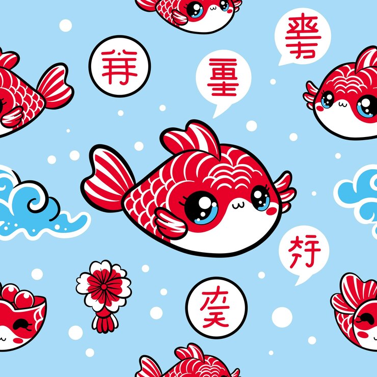Patrón sin costuras con koi y burbujas en el estanque Fondo con peces coloridos