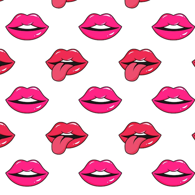 Patrón sin costuras con labios brillantes Labios sonrientes y labios con lengua en estilo pop art