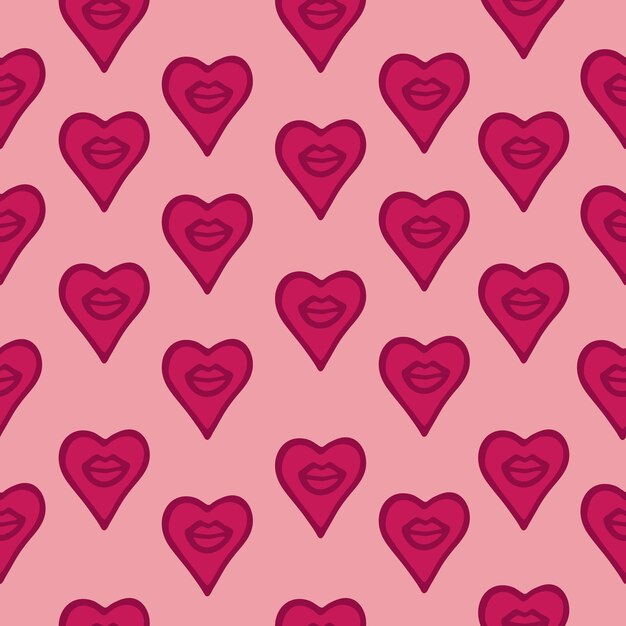 Patrón sin costuras con labios y corazones dibujados a mano. Impresión en negrita rosa brillante para el día de san valentín o el fondo de la tarjeta de invitación de boda, papel de regalo y diseño