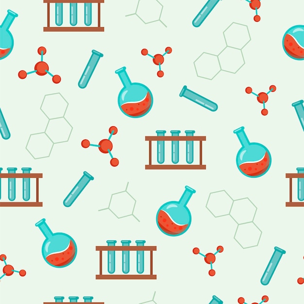 Patrón sin costuras para laboratorio de química, investigación científica. Lupa, molécula, tubo de ensayo. Fondo vectorial.