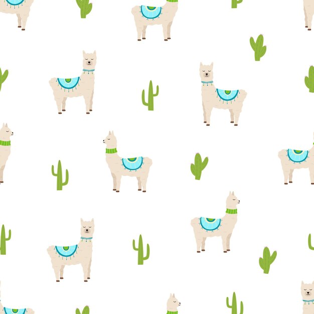 Vector patrón sin costuras de lamas y cactus lindos ilustración vectorial de animales divertidos papel tapiz de fondo