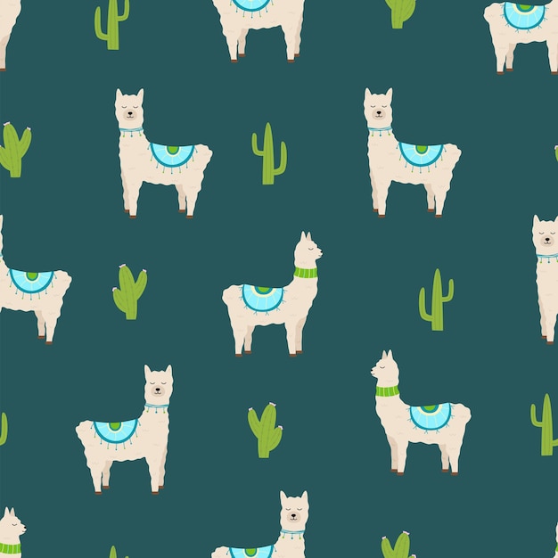 Patrón sin costuras de lamas y cactus lindos Ilustración vectorial de animales divertidos papel tapiz de fondo
