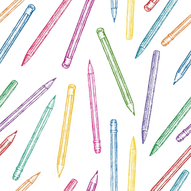 Patrón sin costuras de lápices de textura dibujados instrumentos de escritura papelería papel de fondo vectorial