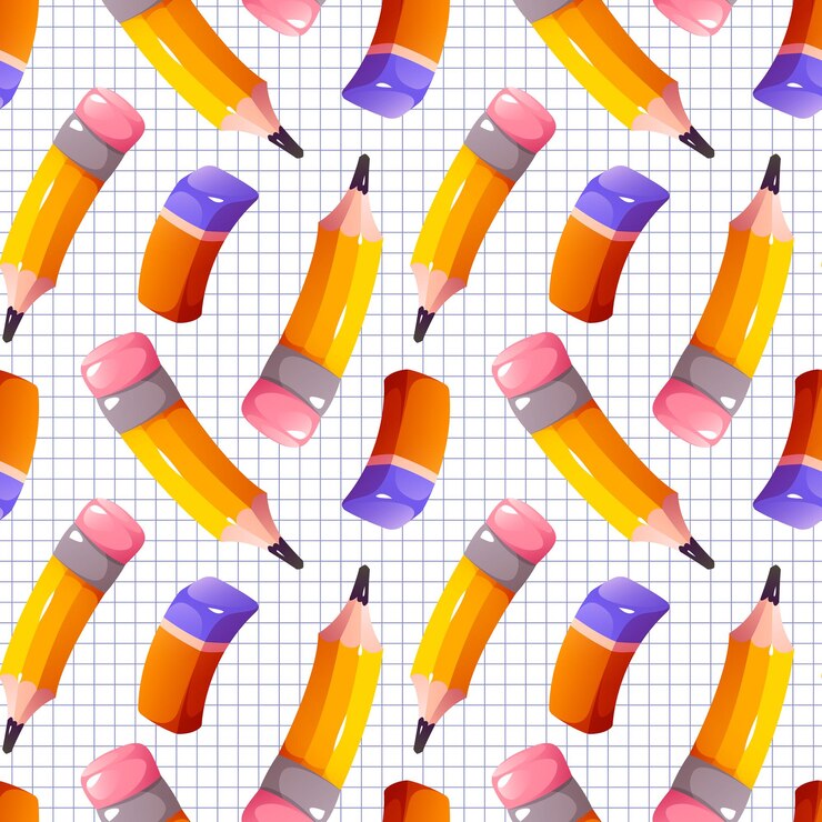 Patrón sin costuras de lápiz de dibujos animados en fondo a cuadros papel tapiz escolar