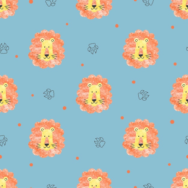 Patrón sin costuras con leones lindos en fondo vectorial azul para diseño infantil
