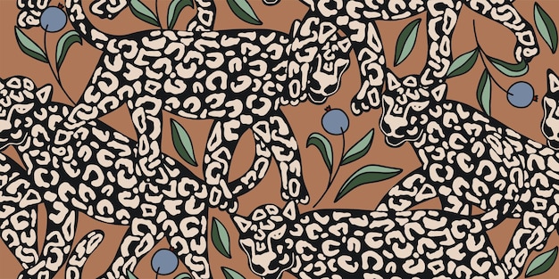 Patrón sin costuras de leopardo con hojas florales en el fondo Vector