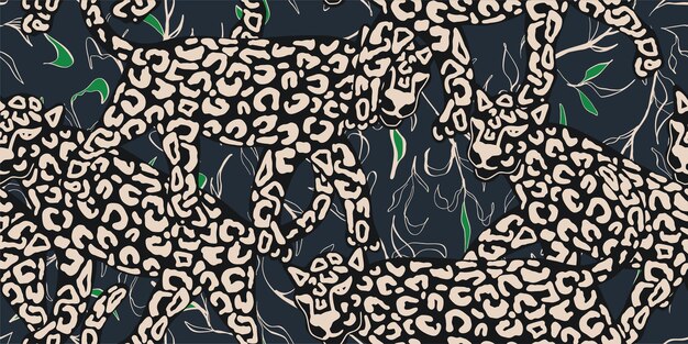 Patrón sin costuras de leopardo con hojas tropicales en el fondo Vector