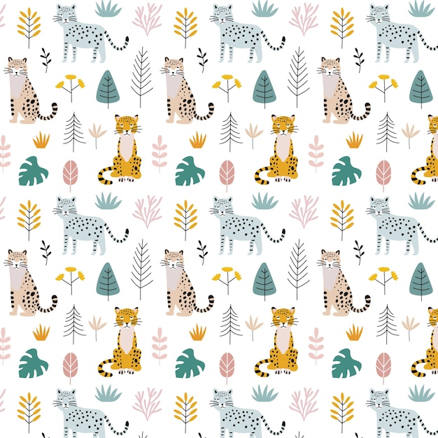 Patrón sin costuras con leopardos animales salvajes de la naturaleza plantas flores bayas en blanco diseño dibujado a mano