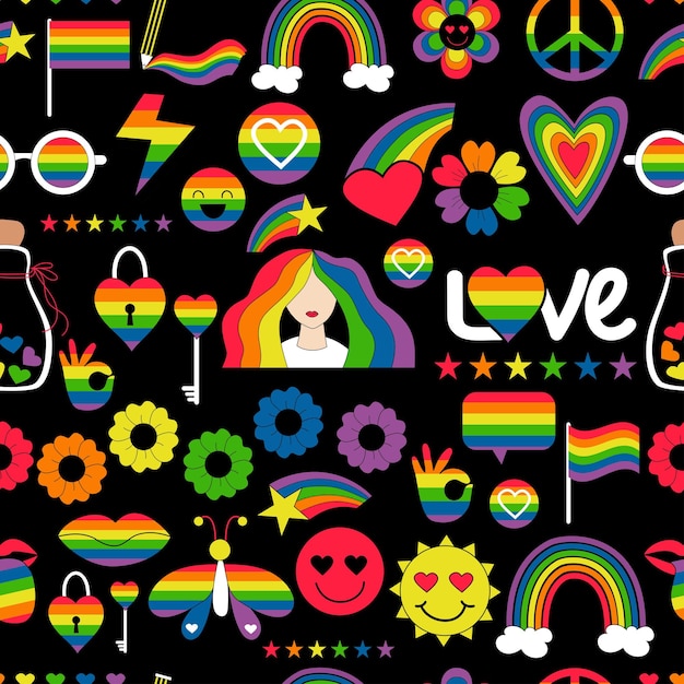 Patrón sin costuras LGBT LGBTQ comunidad orgullo lésbico banderas elementos del arco iris Símbolos del Mes del Orgullo LGBT