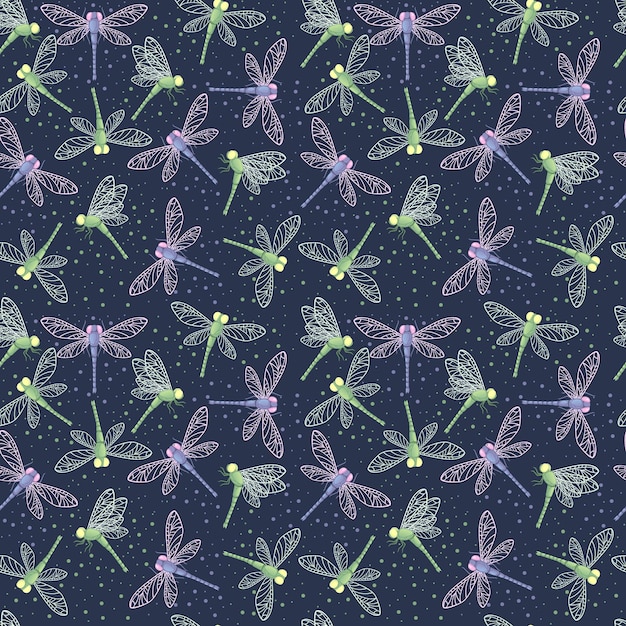 Patrón sin costuras con libélulas de colores animales insectos mundo plano vector ilustración sobre fondo azul