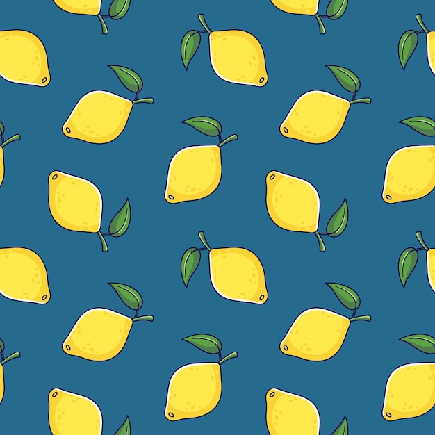 Patrón sin costuras de limón amarillo lindo en estilo doodle sobre fondo azul dibujado a mano por vector Ilustración de limón