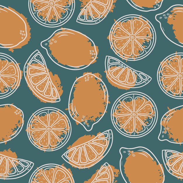 Patrón sin costuras con limones dibujados a mano en un estilo grunge de fondo oscuro