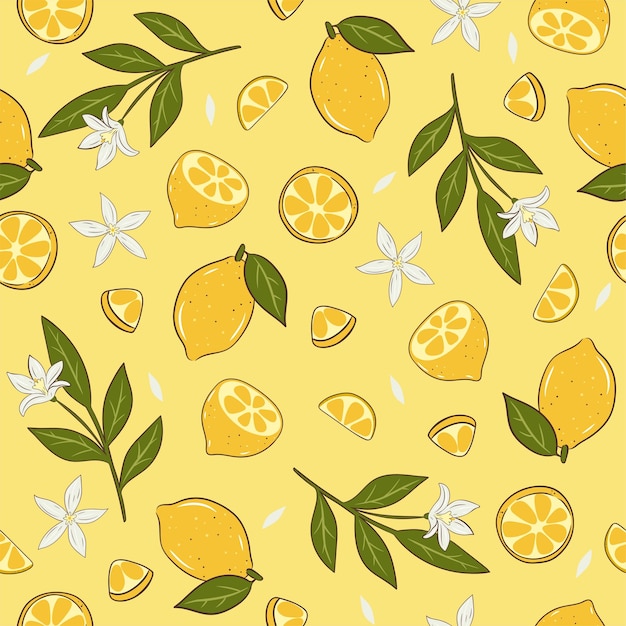 Patrón sin costuras con limones ramitas flores y rodajas de limón Gráficos vectoriales
