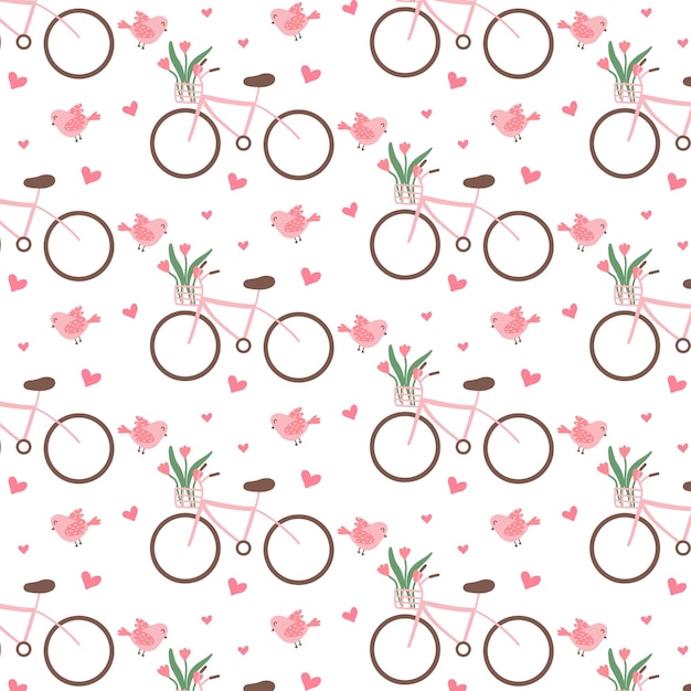 Patrón sin costuras con linda bicicleta rosa y pájaros patrón con una bicicleta en una canasta de flores patrón de primavera patrón vectorial en estilo de dibujos animados ilustración vectorial