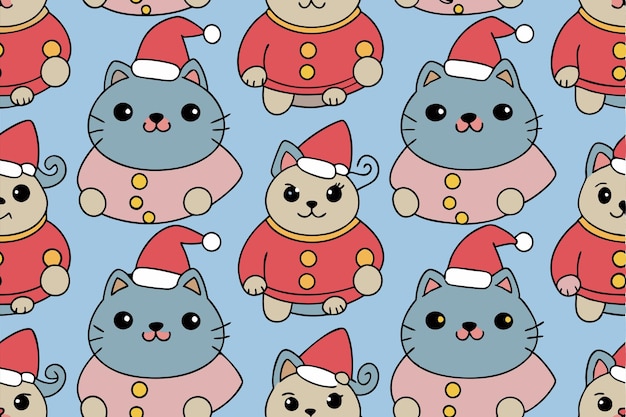 Patrón sin costuras con una linda ilustración vectorial de Navidad de gatos gordos de dibujos animados