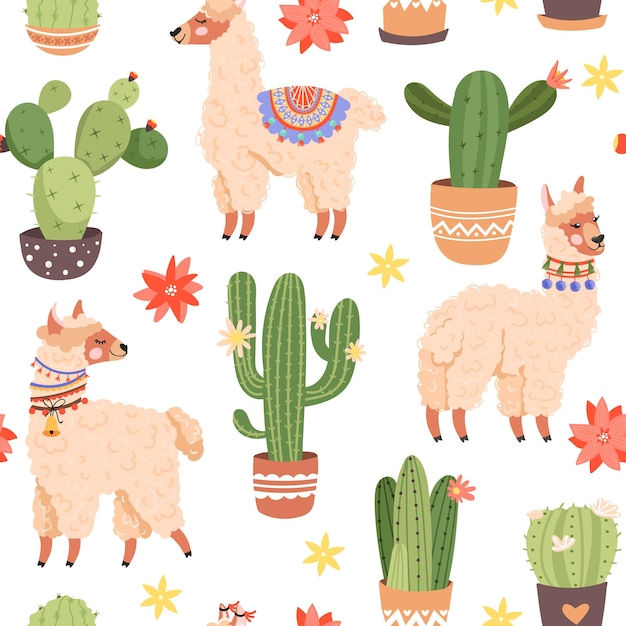 Vector patrón sin costuras con linda llama varios cactus y flores