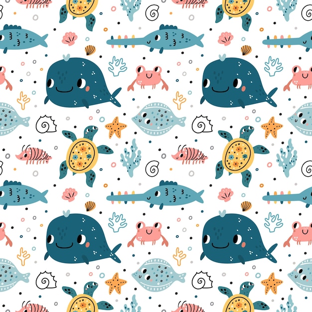 Patrón sin costuras linda vida submarina Dibujos animados divertidos personajes del océano creaciones del mundo marino animales acuáticos peces y algas ballena y tortuga sobre fondo blanco Decoración textil vector impresión