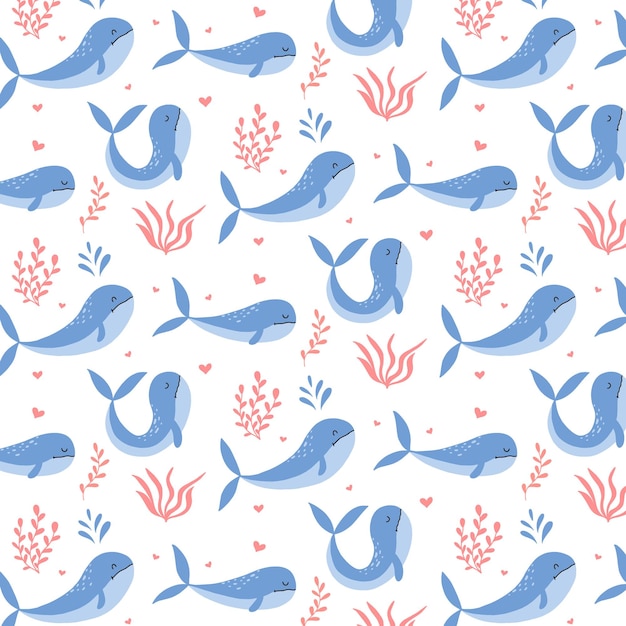 Patrón sin costuras con lindas ballenas azules y algas Patrón dibujado a mano para niños Patrón vectorial con animales marinos Ilustración vectorial