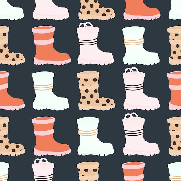 Patrón sin costuras con lindas botas de goma Fondo repetitivo multicolor Ilustración dibujada a mano