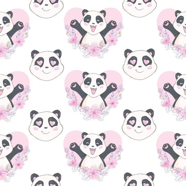 Patrón sin costuras con lindas cabezas de panda dibujadas a mano fondo de mosaico animal