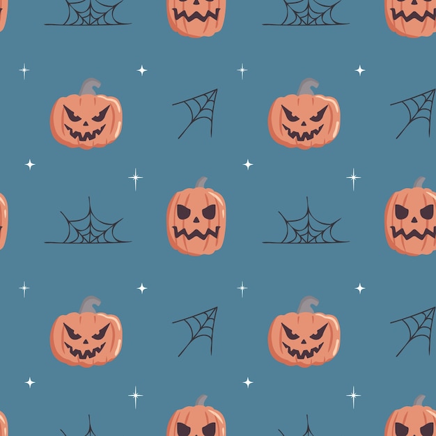 Patrón sin costuras con lindas estrellas de tela de araña de calabaza sobre fondo azul Estilo de vector plano de dibujos animados Textura de bebé para tela que envuelve papel tapiz textil ropa tarjetas de felicitación