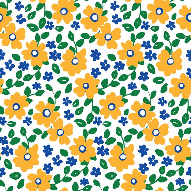 Patrón sin costuras con lindas flores amarillas hojas verdes sobre un fondo blanco composición de pequeñas flores hojas diseño popular fondo floral impresión botánica vectorial