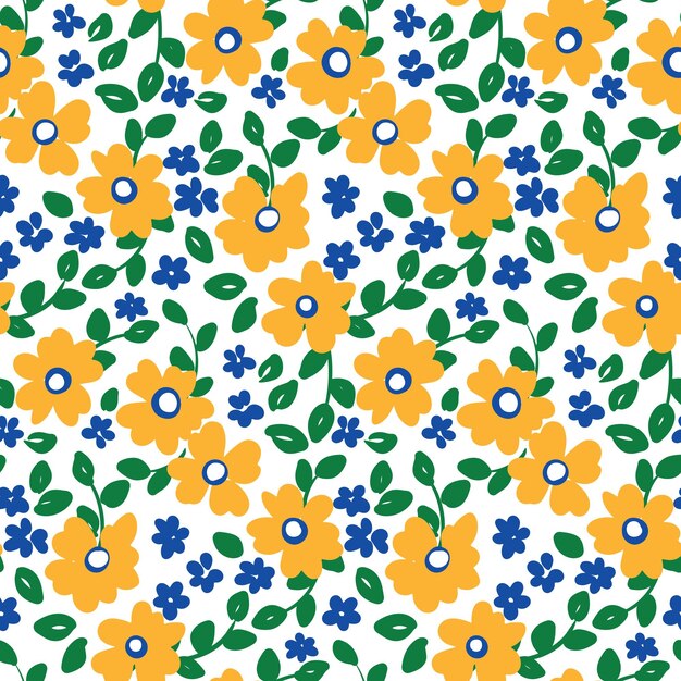 Vector patrón sin costuras con lindas flores amarillas hojas verdes sobre un fondo blanco composición de pequeñas flores hojas diseño popular fondo floral impresión botánica vectorial