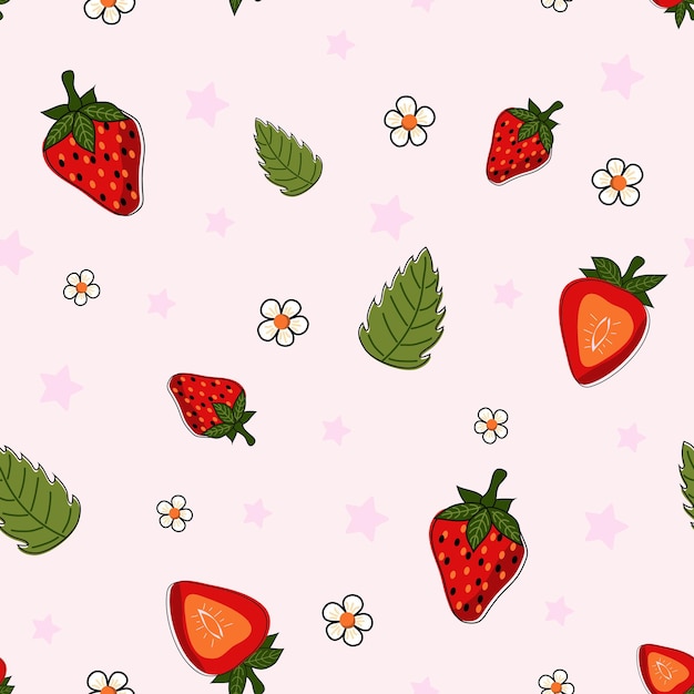 Patrón sin costuras Lindas fresas coloridas con hojas flores estrellas Vector ilustración