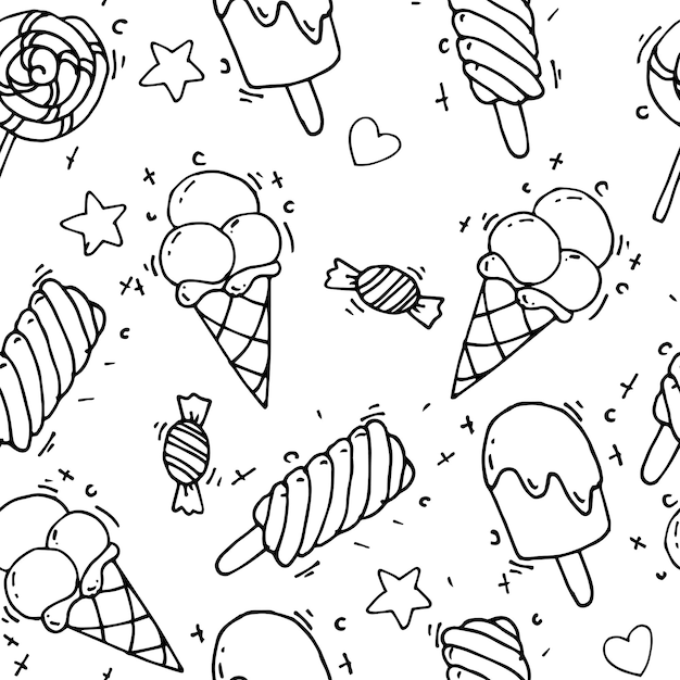 Patrón sin costuras lindas ilustraciones con helados y dulces en el estilo de doodle plano kartoon