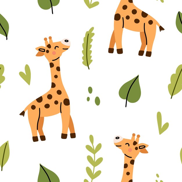 Patrón sin costuras con lindas jirafas y plantas tropicales Ilustración vectorial para decoración de viveros y textiles