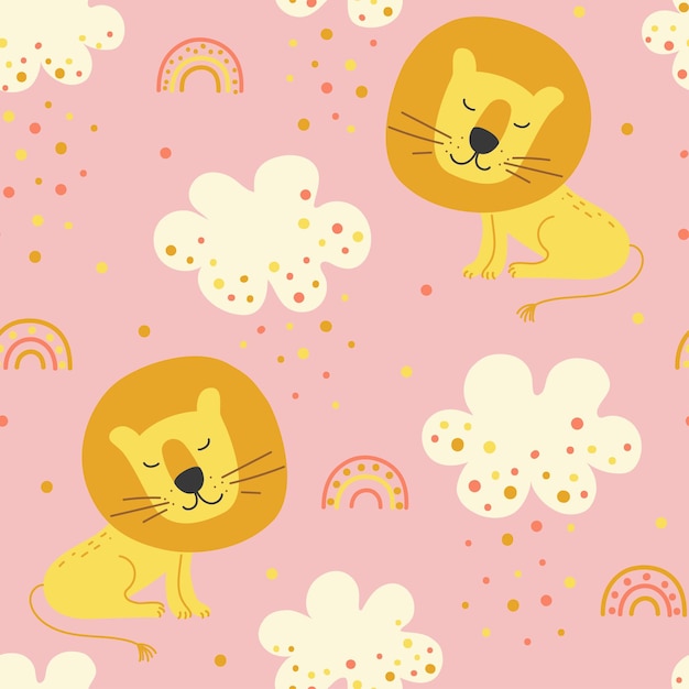 Patrón sin costuras con lindas nubes de león de dibujos animados y lluvia de colores sobre un fondo rosa