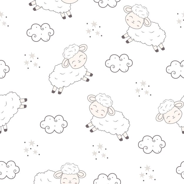 Patrón sin costuras con lindas ovejas y nubes Fondo de animales de dibujos animados infantiles