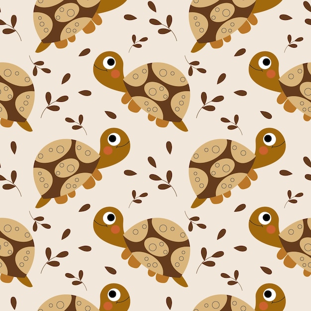 Patrón sin costuras lindas tortugas y hojas sobre un fondo beige Textil estampado infantil