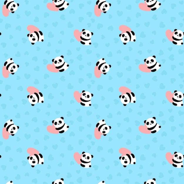 Patrón sin costuras con un lindo bebé panda con corazón en fondo azul Animales asiáticos divertidos