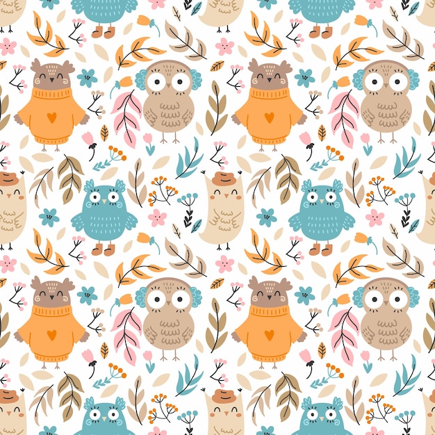 Patrón sin costuras con lindo búho Ramita y flor Fondo para coser ropa de niños e imprimir en tela Papel de embalaje Ilustración de garabato lindo Impresión de otoño