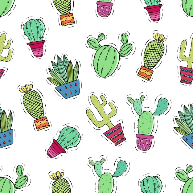 patrón sin costuras de lindo cactus con garabato coloreado o estilo de dibujo a mano