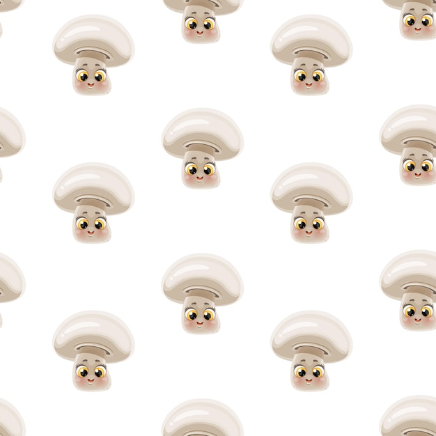 Patrón sin costuras de lindo champiñón de setas emoji de dibujos animados sobre un fondo blanco