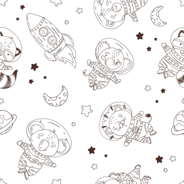 Patrón sin costuras con lindo cohete de dibujos animados ausrtonaut y planeta en el espacio Arte de línea en estilo scketch aislado sobre fondo blanco Ilustración vectorial
