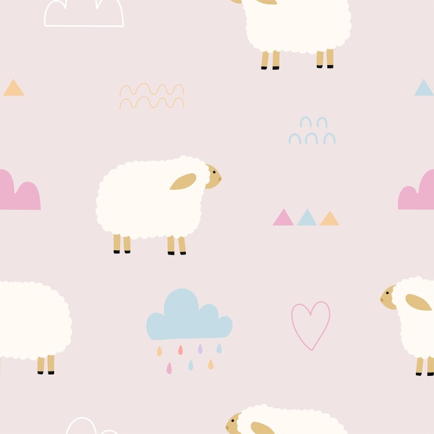 Patrón sin costuras con lindo cordero tiempo nube y lluvia para su tela niños ropa textil jardín de infantes decoración papel de regalo envoltura ilustración vectorial