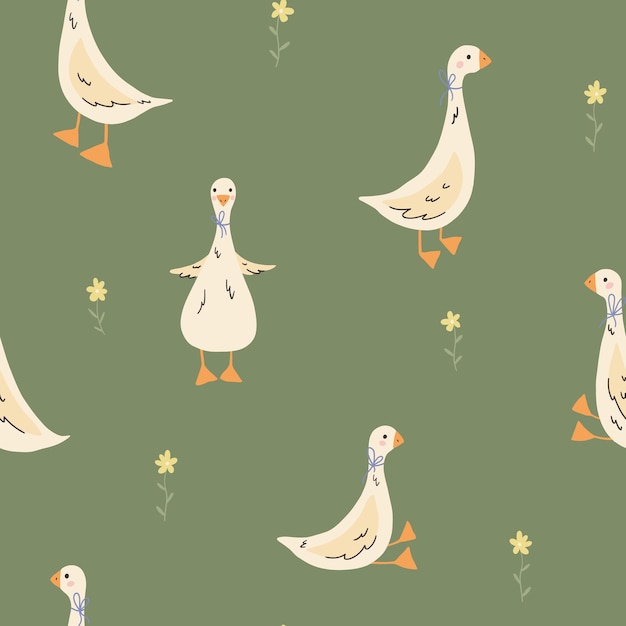 Patrón sin costuras con un lindo ganso de dibujos animados y flores en fondo verde Diseño de impresión de animales para niños