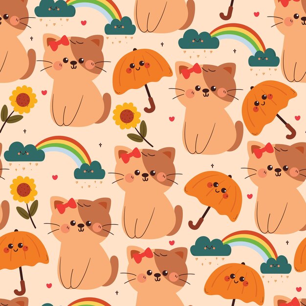patrón sin costuras lindo gato de dibujos animados con planta y elemento del cielo lindo patrón de animal para papel tapiz