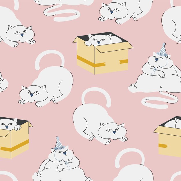 Patrón sin costuras con lindo gato gordo de dibujos animados Fondo repetitivo de animales divertidos